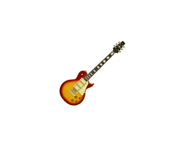 Gitara elektryczna typu Les Paul w kolorze sunburst na białym tle.