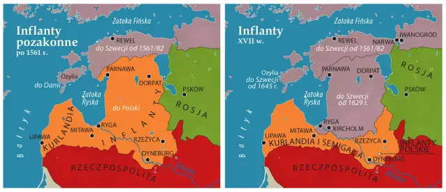 Mapy pokazują, gdzie leżą Inflanty: po 1561 r. i w XVII w. Widoczne są podziały terytorialne między Szwecją, Polską i Rosją.