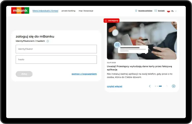 Ekran logowania do mBanku. Formularz do wpisania identyfikatora i hasła. Dowiedz się, jak zmienić identyfikator mBank.