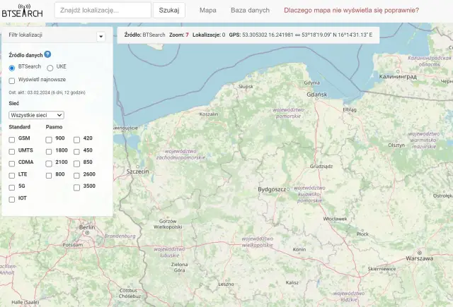 Mapa zasięgu sieci komórkowych w Polsce z filtrami po lewej stronie.
