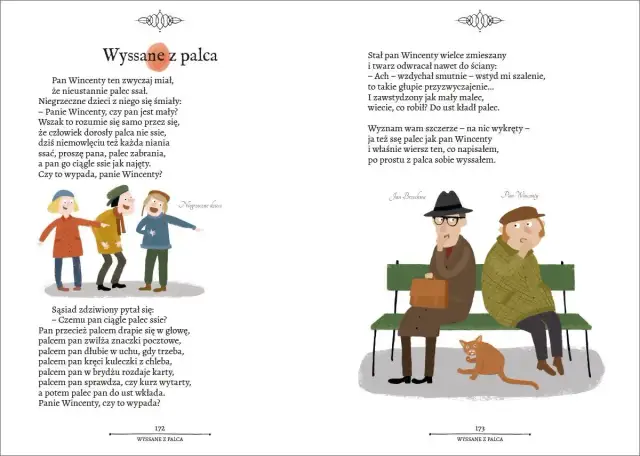 Ilustracja do wiersza "Wysssane z palca". Dzieci śmieją się z pana, który ssie palec. Na drugiej stronie pan Wincenty i pan Brzechwa siedzą na ławce z kotem.