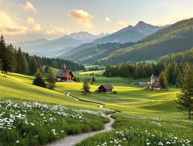 Zielona dolina z drewnianymi domkami i kościółkiem, otoczona lasami i majestatycznymi górami. W oddali widać pasmo górskie, które przypomina, istebna jakie góry.