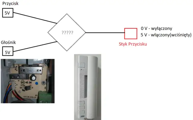 Schemat domofonu: przycisk, głośnik, styk przycisku i płytka drukowana.