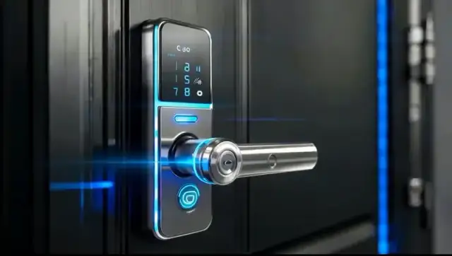 Nowoczesny smart lock na drzwiach, z podświetlaną klawiaturą i uchwytem. To przyszłość bezpieczeństwa, czyli smart lock co to jest.