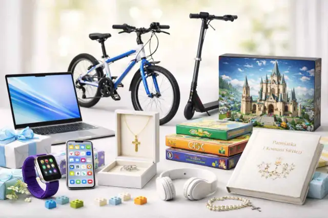 Różnorodne prezenty komunijne: rower, hulajnoga, laptop, smartfon, zegarek, biżuteria, gry, słuchawki, pamiątka.