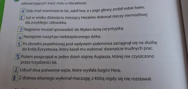 Plan wydarzeń mitu o Heraklesie: zabicie lwa, pokonanie węży, sprowadzenie łani, czyszczenie stajni Augiasza, zabicie dzika, wykonanie maczugi.