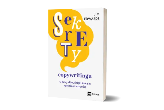 Okładka książki "Sekrety copywritingu" Jima Edwardsa z żółtymi dymkami i fioletowymi literami.