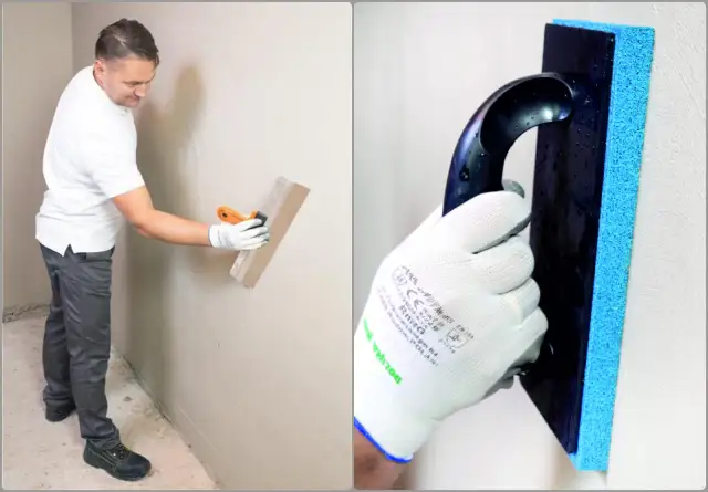 Mężczyzna wykonuje tynkowanie ręczne ściany. W zbliżeniu widać dłoń w rękawicy trzymającą pacę z gąbką.