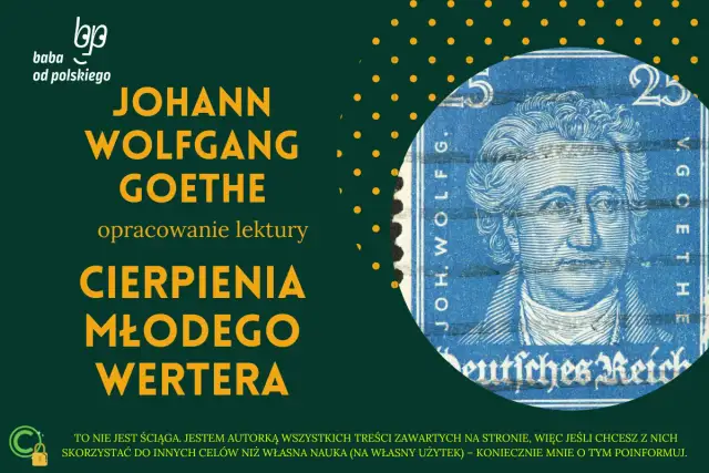 Grafika z portretem Goethego na znaczku pocztowym i tytułem "Cierpienia młodego Wertera".