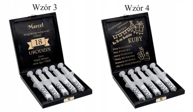 Dwie czarne skrzynki z grawerem na 18 urodziny, zawierające strzykawki z pieniędzmi.