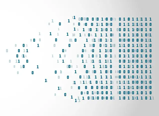 Fragmenty kodu binarnego (0 i 1) rozrzucone na białym tle.