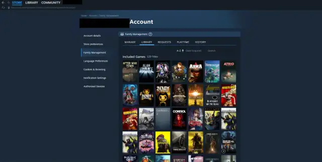 Widok ekranu Steam z zarządzaniem rodziną i listą gier.