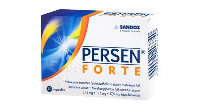 Opakowanie leku Persen Forte, zawierające 20 kapsułek. Informacje o składzie i dawkowaniu.