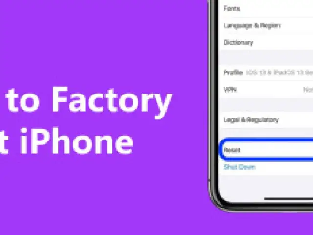 Ekran iPhone z zaznaczoną opcją "Reset" na fioletowym tle z tekstem.