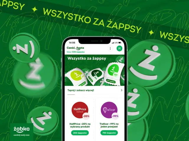 Grafika przedstawia smartfon z aplikacją Żappka, monety z logo Ż i promocje.