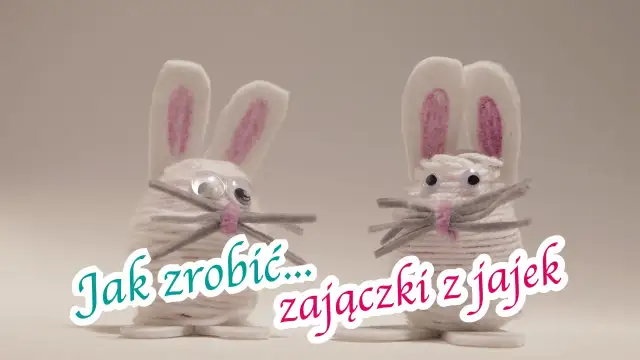 Dwa urocze zajączki z jajek styropianowych, ozdobione włóczką, oczkami i wąsikami. Napis "Jak zrobić zajączki z jajek" sugeruje instrukcję DIY.