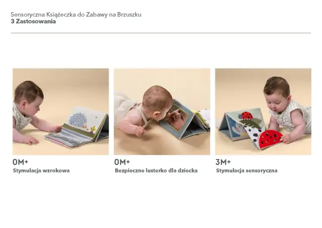 Niemowlę bawi się miękką książeczką sensoryczną, która stymuluje zmysły.