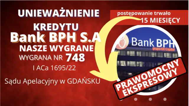 Grafika z napisem "Unieważnienie kredytu Bank BPH S.A.", budynkiem banku i żółtą strzałką.
