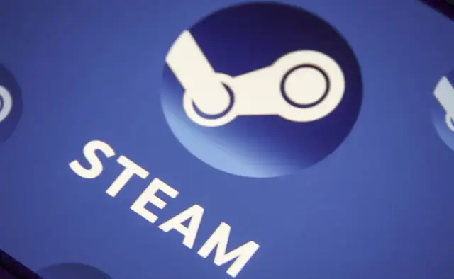 Logo Steam i napis "STEAM" na niebieskim tle.
