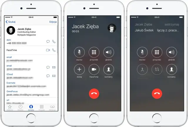 Trzy ekrany iPhone'a pokazujące nagrywanie rozmów. Widzimy kontakt, ekran rozmowy i ekran połączenia z innymi.