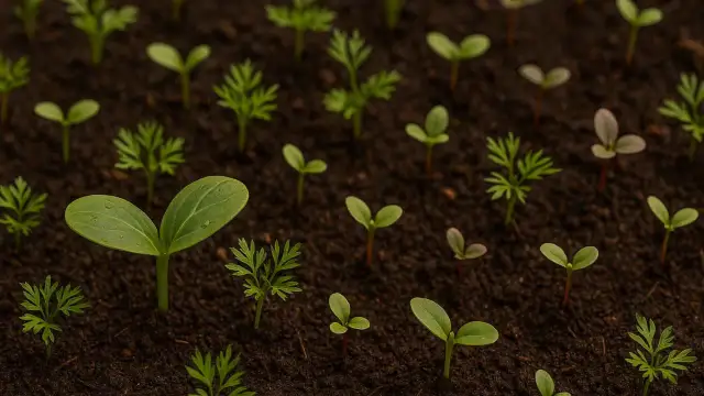 Młode sadzonki warzyw i kwiatów w ziemi, gotowe do siewu w maju.
