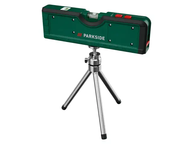 Zielona poziomica laserowa Parkside na małym statywie.