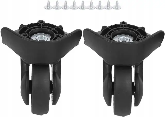 Dwa czarne kółka do walizki z zestawem śrub. Czy można dokupić kółka do walizki Wittchen? Tak, te mogą pasować.