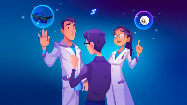 Trzy postacie w kitlach lekarskich, z okularami i okiem w bańkach.