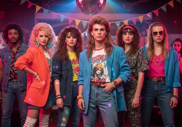 Grupa młodych ludzi w stylizacjach z lat 80. na imprezie z dyskotekową kulą.