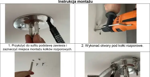 Instrukcja montażu huśtawki: zaznaczanie miejsc, wiercenie otworów, wkładanie kołków i przykręcanie.