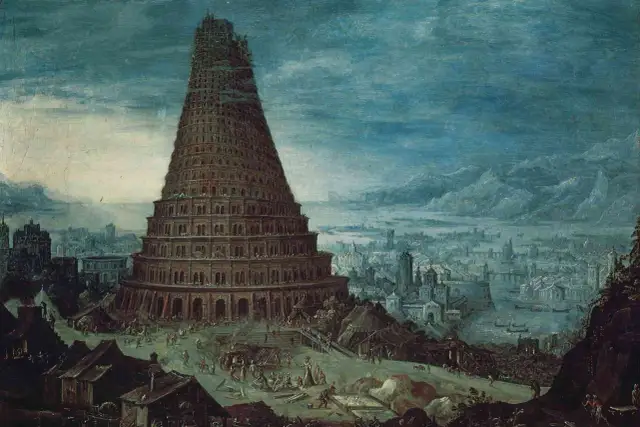 Wieża Babel streszczenie: monumentalna budowla wznosi się nad miastem, wokół niej ruch budowlany i ludność.