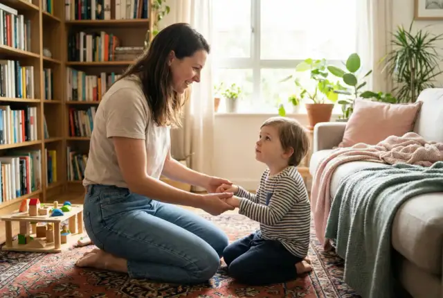 Mama i dziecko trzymają się za ręce, wspierając rozwój dziecka w przytulnym pokoju z książkami i zabawkami.