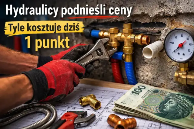 Dłoń w rękawicy naprawia instalację hydrauliczną, obok leżą pieniądze i schemat.