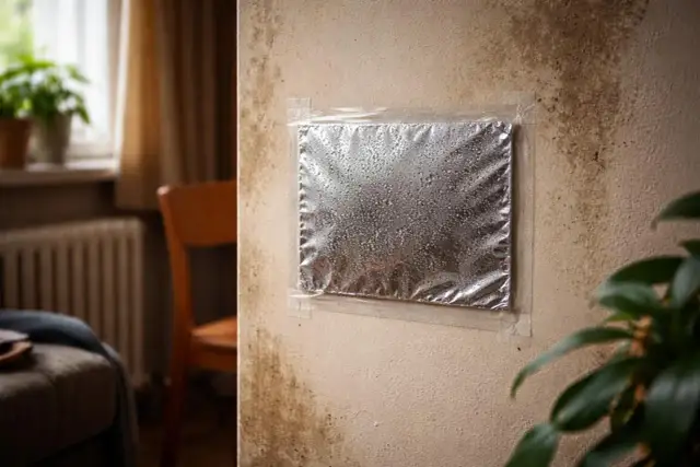 Próba zatrzymania wilgoci na ścianie za pomocą folii aluminiowej. Widoczne ciemne plamy pleśni, które pokazują, dlaczego wychodzi wilgoć na ścianach.