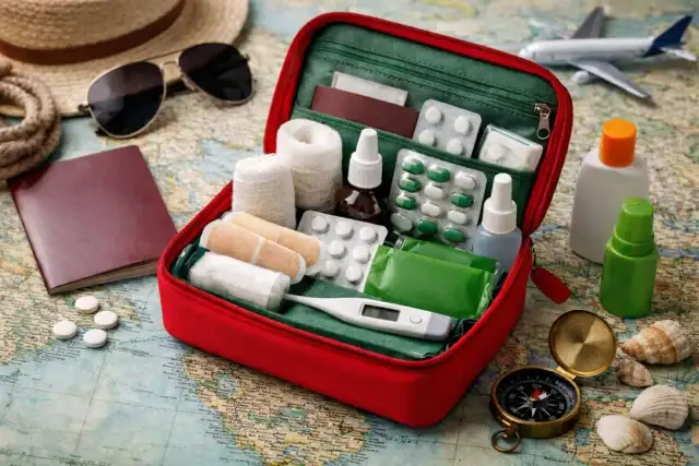 Czerwona apteczka podróżna z lekami, bandażami i termometrem na tle mapy świata.