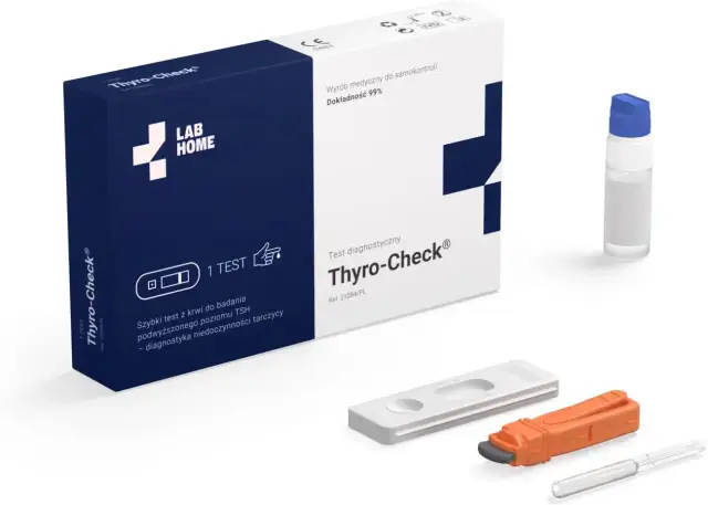 Zestaw do samokontroli Thyro-Check do diagnostyki niedoczynności tarczycy. Szybki test poziomu TSH z krwi.