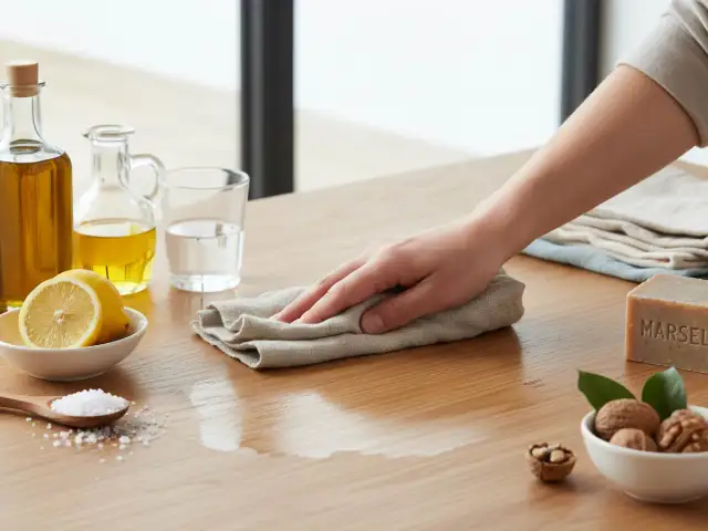 Ręka czyści drewniany stół, pokazując naturalne sposoby, czym odtłuścić meble przed malowaniem: oliwa, cytryna, sól, woda i mydło.