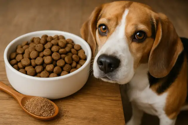 Beagle z zaciekawieniem patrzy na miskę karmy i łyżkę z mielonym siemieniem lnianym. Czy pies może jeść siemię lniane?