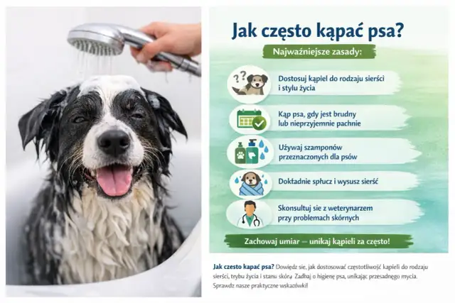 Szczeniak w wannie, myty przez człowieka pod prysznicem, z pianą na głowie.