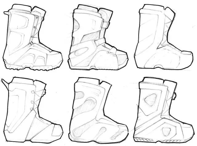 Szkice pokazują różne modele damskich butów snowboardowych, od klasycznych po bardziej nowoczesne.