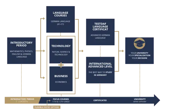 Flussdiagramm mit Lernpfaden: Einführung, Sprachkurse, Technologie, Wirtschaft, TestDaF, International Advanced Level und Universitätsstudium.