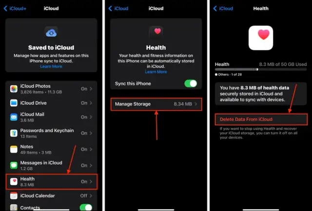 Zrzuty ekranu pokazują proces czyszczenia danych aplikacji Zdrowie z iCloud. Widoczne są opcje zarządzania pamięcią i usuwania danych.