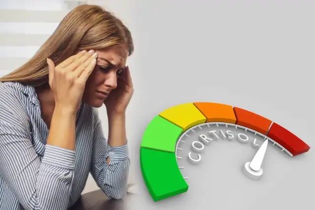 Kobieta z bólem głowy, wskaźnik poziomu kortyzolu pokazuje wysoki wynik. Dowiedz się, jak zbadać kortyzol.