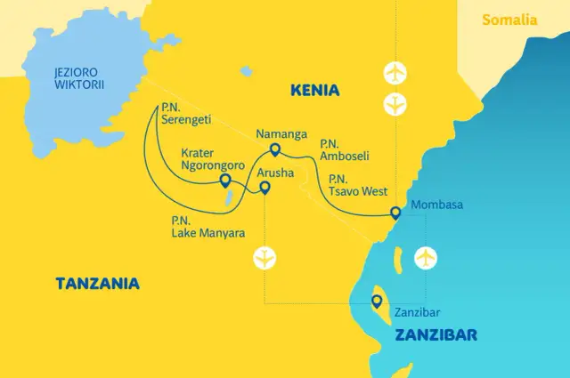 Mapa turystyczna Kenii i Tanzanii z zaznaczonymi parkami narodowymi, miastami i trasami podróży.