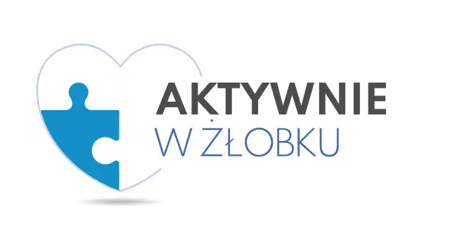 Grafika z niebieskim elementem puzzli w kształcie serca i napisem "AKTYWNIE W ŻŁOBKU".