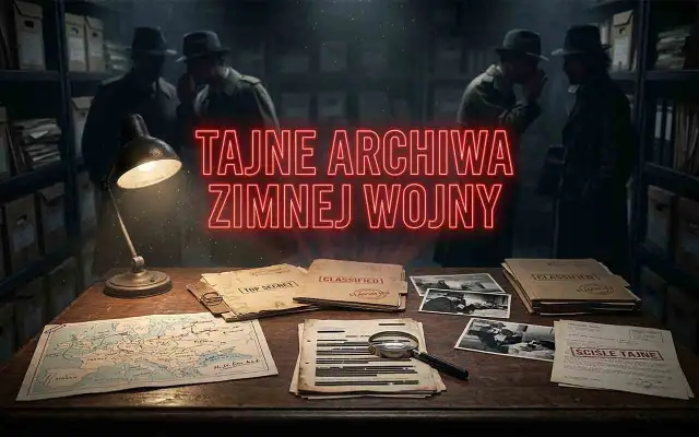 Biurko z mapą, dokumentami "ściśle tajne", zdjęciami i lupą, w tle agenci KGB.