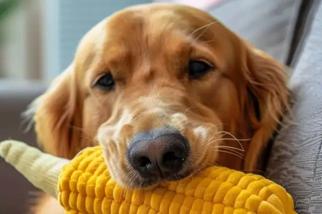Złoty retriever z zabawką w kształcie kolby kukurydzy. Czy pies może jeść kukurydzę z puszki? To pytanie nurtuje wielu właścicieli.