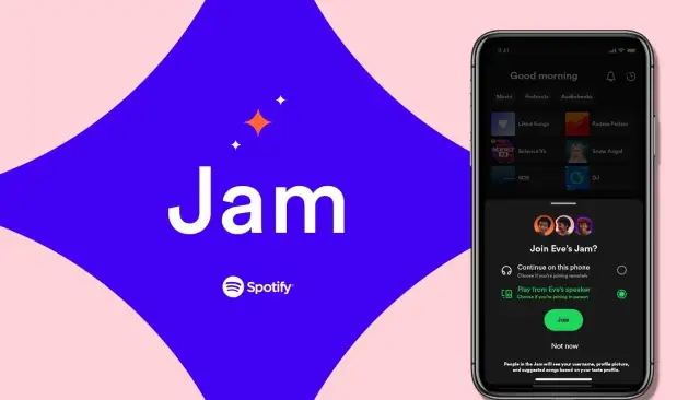 Telefon z aplikacją Spotify, na którym widać opcję dołączenia do "Jam" znajomych.