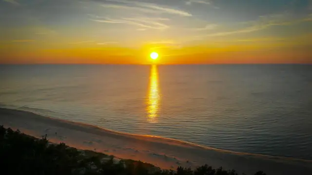 Zachód słońca nad morzem, złota ścieżka na wodzie, piaszczysta plaża i drzewa.