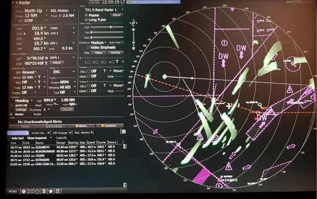 Wyświetlacz radaru z danymi nawigacyjnymi, w tym pozycjami statków i informacjami o kursie.